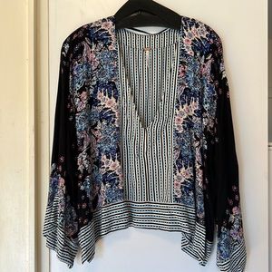 Free People Black Floral Striped Open Kimono